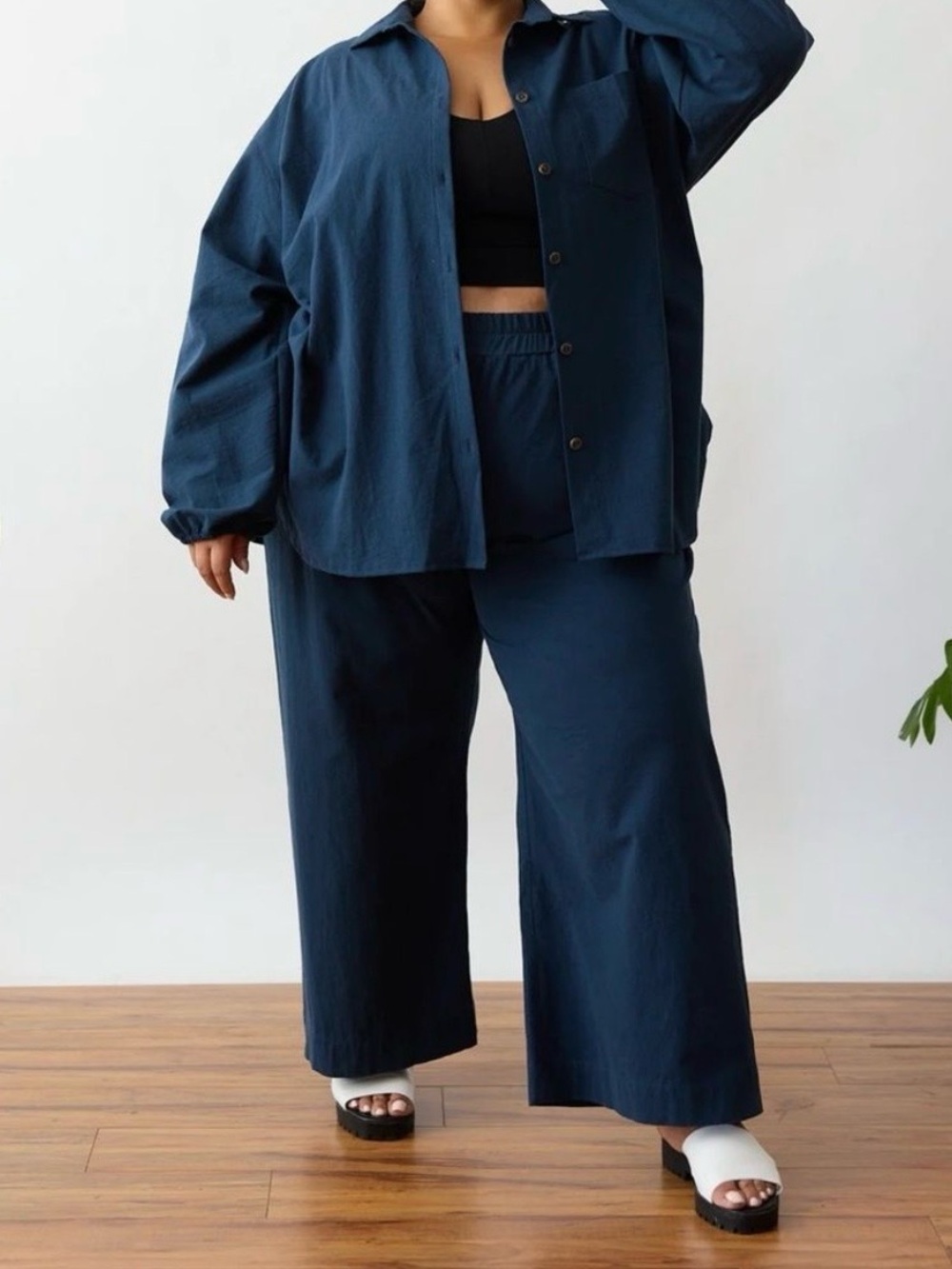 free label 100% linen high waisted wide leg flowy pants navy Large elastic - Picture 2 of 9